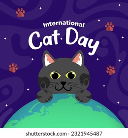 Vector Cute International Cat Day Flat Hand Drawn theme Cat Hugs the Earth Illustration