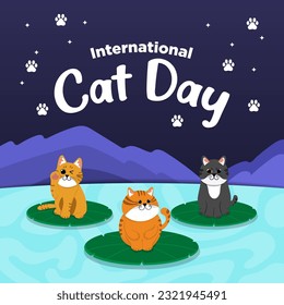 Vector Cute International Cat Day Flat Hand Drawn theme Cat on Lotus Illustration