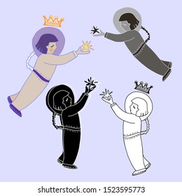 Vector cute isolated design with space theme. Set of silhouettes with astronauts. The design is perfect for stickers, clothes, books and games design, stationery and decorations.