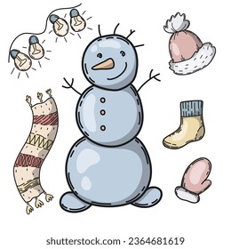 Vector cute items snowman garland warm clothes hat