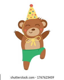 Vector cute jumping bear in birthday hat. Funny b-day animal for card, poster, print design. Bright holiday illustration for kids. Cheerful celebration character icon isolated on white