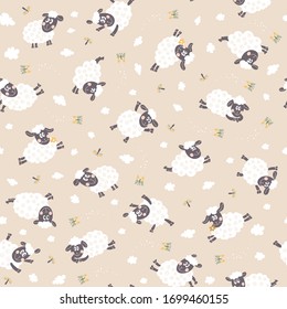 Vector cute jumping lambs, butterflies and clouds seamless pattern, nursery background with animals