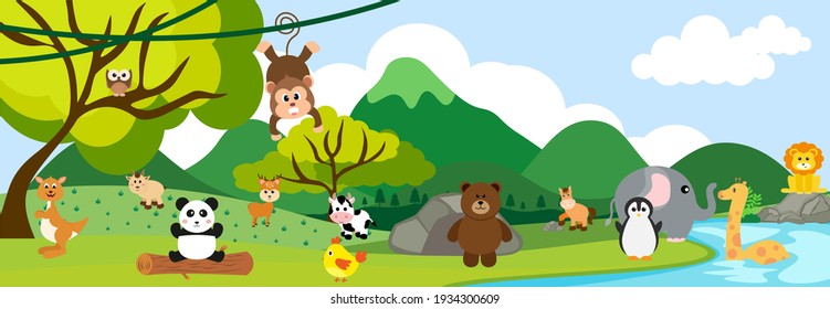 Vector Cute Jungle Animals in Cartoon Style, wild Animal, Zoo Designs for Background, Baby Clothes. Hand Drawn Characters