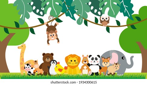 Vector Cute Jungle Animals in Cartoon Style, wild Animal, Zoo Designs for Background, Baby Clothes. Hand Drawn Characters