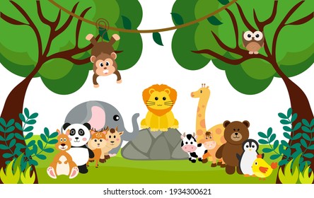 Vector Cute Jungle Animals In Cartoon Style, Wild Animal, Zoo Designs For Background, Baby Clothes. Hand Drawn Characters