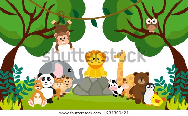 Vector\
Cute Jungle Animals in Cartoon Style, wild Animal, Zoo Designs for\
Background, Baby Clothes. Hand Drawn\
Characters