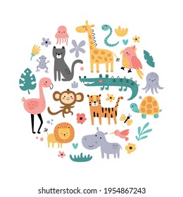 vector cute jungle animals set, cute clipart for kids