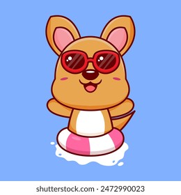 Vector cute kangaroo in sunglasses floating with swimming. flat cartoon style