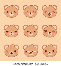 Vector cute Kawai bear hares. Different expression muzzles bears in flat style. Angry, cheerful, joyful, happy, sick, love, suspicious, playful, laughing, sleepy kawaii bear