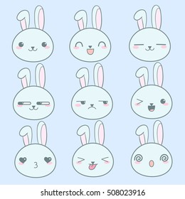 Vector cute Kawai rabbits hares. Different expression muzzles bunnies in flat style. Angry, cheerful, joyful, happy, sick, love, suspicious, playful, laughing, sleepy kawaii rabbit