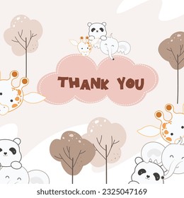 Vector cute kawaii animal collection cartoon thank you card background