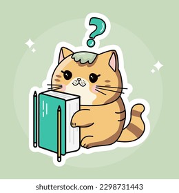 Vector cute kawaii cat with notebook book sticker with question mark. Сlever cat fat