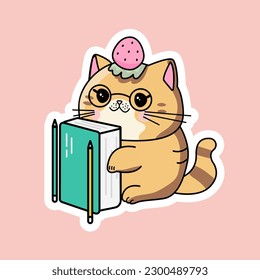 Vector cute kawaii cat with notebook book sticker pink mint trendy 