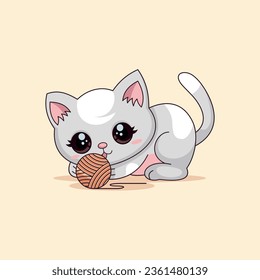 Vector cute kawaii cat playing with ball cartoon vector icon illustration animal icon concept isolated