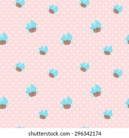 Vector cute kawaii cupcakes seamless pattern. Pink and blue happy cakes background.