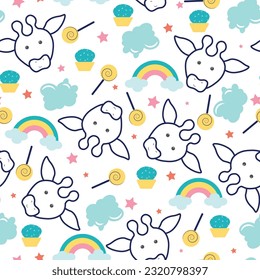 Vector cute kawaii doodle animal collection cartoon seamless pattern set background