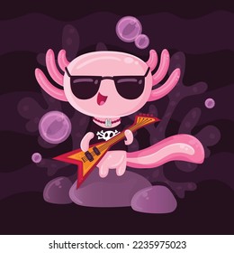 Vector cute kawaii funny cartoon rocker axolotl with an electric guitar under the sea with bubbles