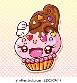 Vector cute kawaii happy strawberry cupcake and chocolate cream   candies