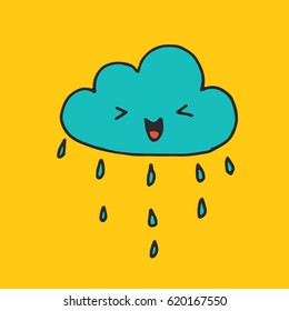 Vector cute kawaii illustration - funny rainy cloud. Hand drawn japanese kawaii style sketch, abstract imaginary creature