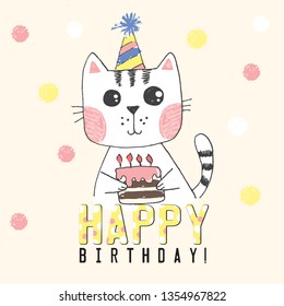 Vector cute kawaii illustration of sketch hand drawn white cat with cake with candles, polka dot lettering happy birthday, striped hat, background with colored snowflakes, greeting card, baby shower