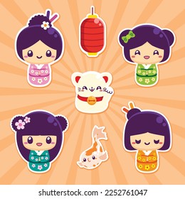 Vector cute kawaii japanese momiji with cat fish and lantern sticker set