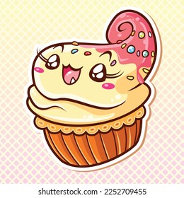 Vector cute kawaii jumping vanilla cupcake and strawberry cream   candies