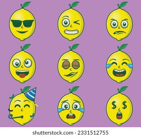 Vector cute and kawaii lemon emoticon expressions set