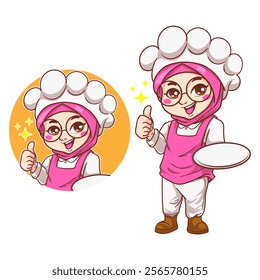 Vector cute and kawaii muslim female chef wearing hijab with delicious sign cartoon chibi character
