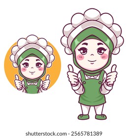 Vector cute and kawaii muslim female chef wearing hijab with delicious sign cartoon chibi character
