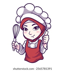 Vector cute and kawaii muslim female chef wearing hijab with delicious sign cartoon chibi character
