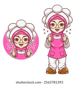 Vector cute and kawaii muslim female chef wearing hijab with delicious sign cartoon chibi character
