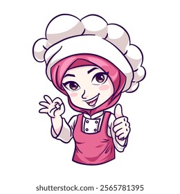 Vector cute and kawaii muslim female chef wearing hijab with delicious sign cartoon chibi character
