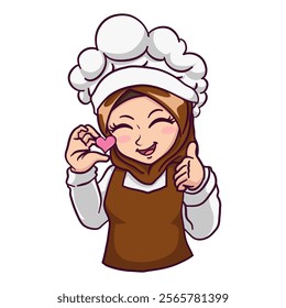 Vector cute and kawaii muslim female chef wearing hijab with delicious sign cartoon chibi character
