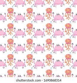 Vector cute kawaii octopus and crab seamless pattern background on white surface