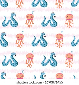 Vektorillustration süßer Kawaii-Tintenfisch und Schlange nahtlose Muster-Hintergrund auf weißer Oberfläche