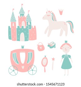 Vector cute kawaii princess character set. Beautiful fantasy collection with castle, unicorn and carriage. For children book, textile, decor, banners and posters. Illustration on white background