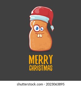 vector cute kawaii santa claus potato cartoon characters with red santa hat and calligraphic merry christmas text isolated on grey background. Funky little Christmas character. Christmas card 