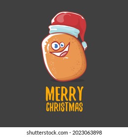 vector cute kawaii santa claus potato cartoon characters with red santa hat and calligraphic merry christmas text isolated on grey background. Funky little Christmas character. Christmas card 