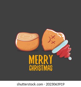 vector cute kawaii santa claus potato cartoon characters with red santa hat and calligraphic merry christmas text isolated on grey background. Funky little Christmas character. Christmas card 