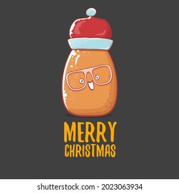 vector cute kawaii santa claus potato cartoon characters with red santa hat and calligraphic merry christmas text isolated on grey background. Funky little Christmas character. Christmas card 