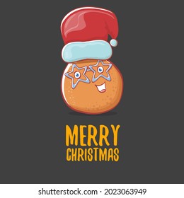 vector cute kawaii santa claus potato cartoon characters with red santa hat and calligraphic merry christmas text isolated on grey background. Funky little Christmas character. Christmas card 