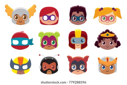 Vector cute kawaii set superheros emojis isolated