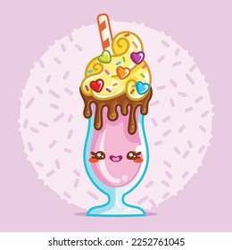 Vector cute kawaii strawberry and chocolate milkshake with cream and candies