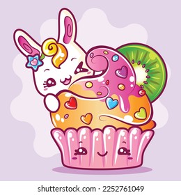Vector cute kawaii strawberry   vanilla cupcake and sweet bunny   candies