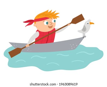 Vector cute kayaking boy. Campfire rafting scene with cute kid in a boat with paddle and seagull. Traveler isolated on white background. Outdoor water activity or summer camp tourist icon. 
