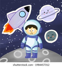 A vector of a cute kid with an astronaut suit doodle draw Free Vector, rocket, planetary, moon solar system space exploration cartoon
