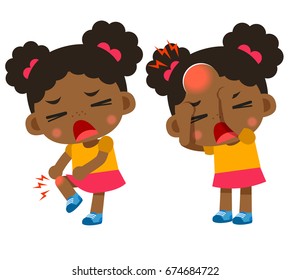 Vector cute kid, girl character got bruised isolated on white background.