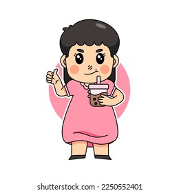 vector cute kid girl holding boba milk tea, hand drawn cartoon character illustration