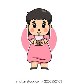 vector cute kid girl holding boba milk tea, hand drawn cartoon character illustration