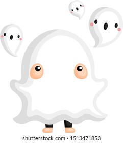 A Vector of Cute Kid in Halloween Ghost Costume Surrounding by Little Ghosts